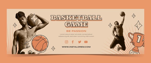 Cabecera de twitter de baloncesto vintage dibujada a mano