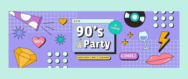 Cabecera de twitter de fiesta de los 90 dibujada a mano