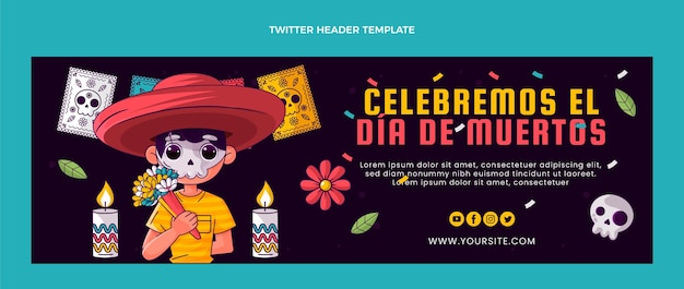 Cabecera de twitter plana dibujada a mano de dia de muertos