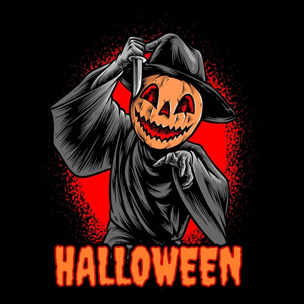 cabeza de calabaza asesina halloween sosteniendo un cuchillo