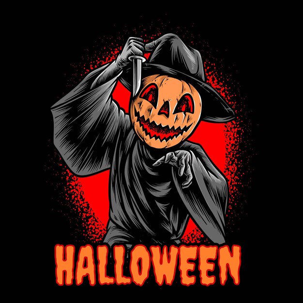 cabeza de calabaza asesina halloween sosteniendo un cuchillo