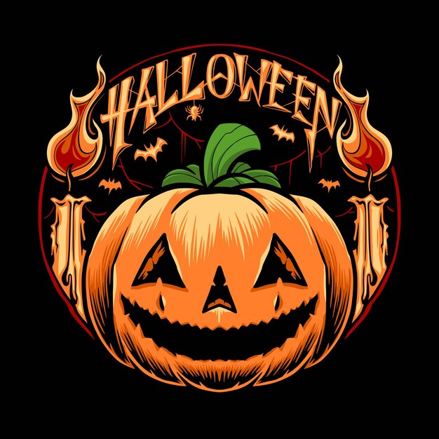 cabeza de calabaza halloween con ilustración de vela