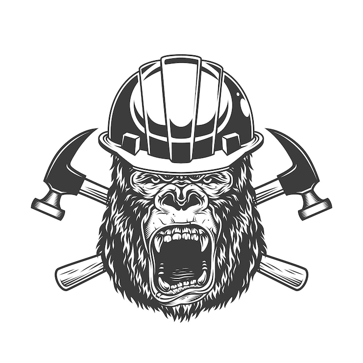 Vector gratuito cabeza de gorila feroz en casco de constructor