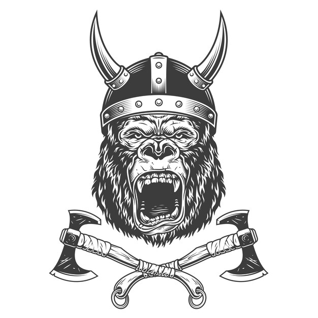 Cabeza de gorila feroz en casco vikingo