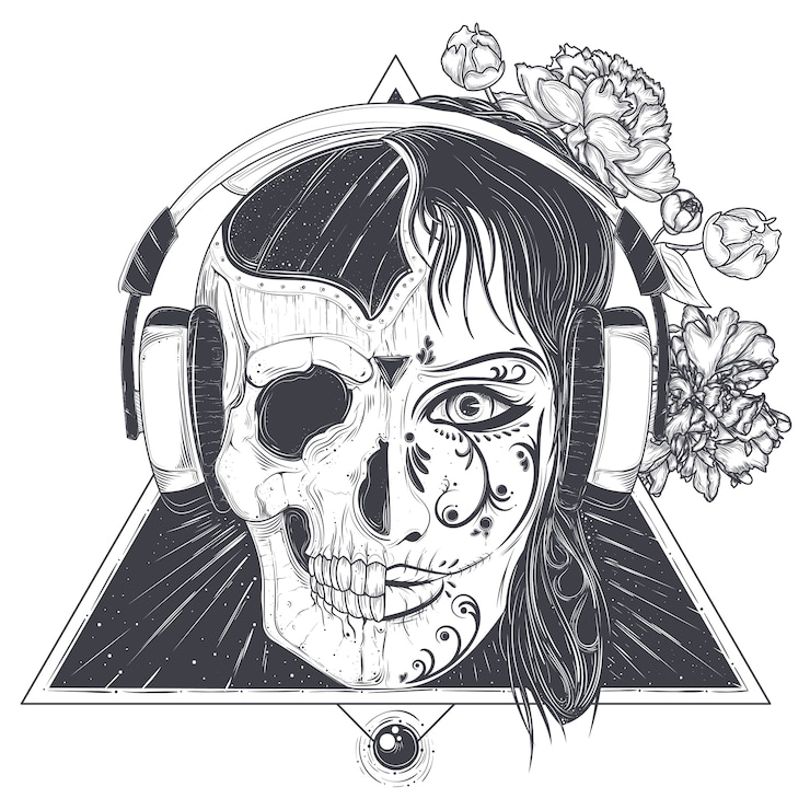 Vector gratuito cabeza de mujer con media cara de calavera grabada