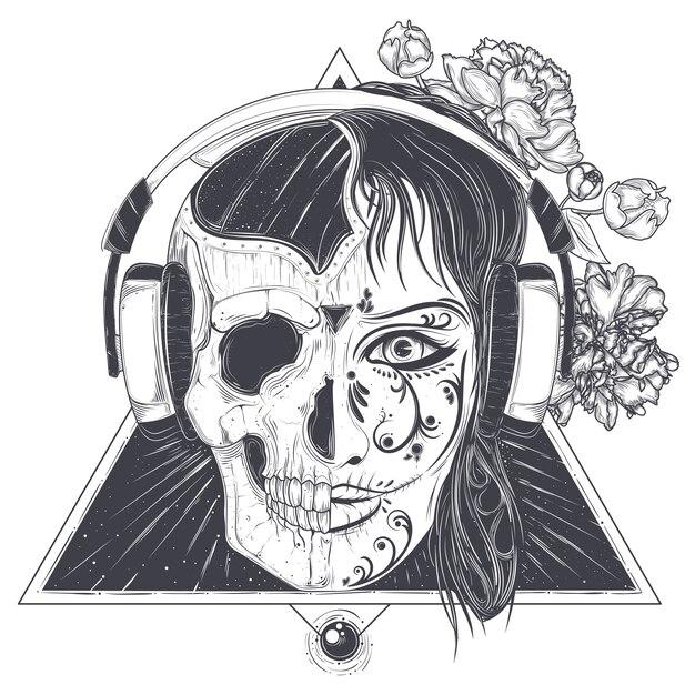 Cabeza de mujer con media cara de calavera grabada