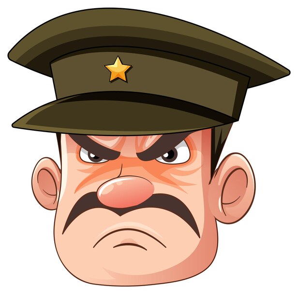 Cabeza de oficial militar serio con expresión gruñona