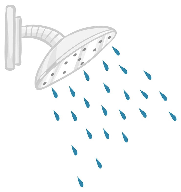 Vector gratuito cabezal de ducha con agua aislado sobre fondo blanco.
