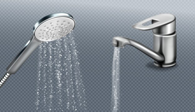 Cabezal de ducha de metal y grifo con agua que cae aislado sobre fondo transparente