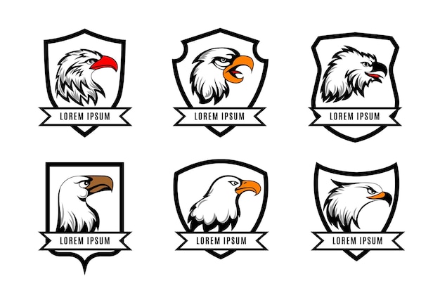 cabezas de águila o halcón americano con plantillas de placas de escudos. Conjunto de logotipo con escudo y águila.