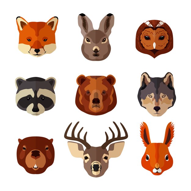 Cabezas de animales en estilo plano.