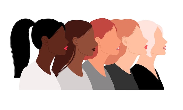 Cabezas de hembras con diferentes peinados. avatares de dibujos animados de varios colores, retratos de mujeres, perfiles de ilustración vectorial de cara para el público en internet aislado en blanco backgr