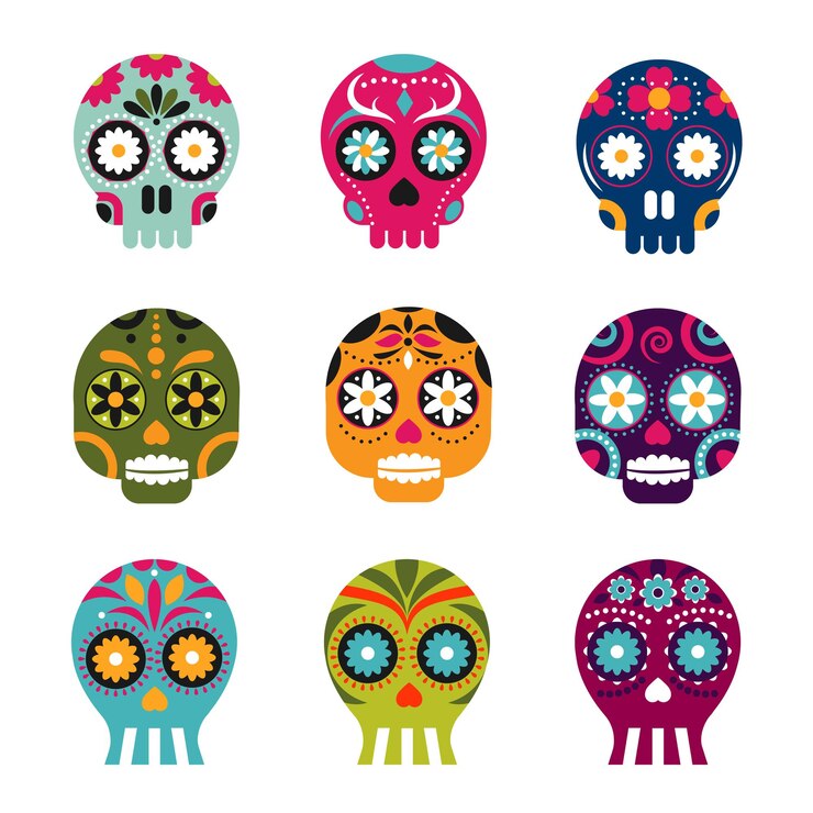 Vector gratuito cabezas muertas de esqueleto mexicano con flores