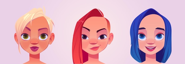 Vector gratuito cabezas de mujeres con peinados rubios rojos y azules.