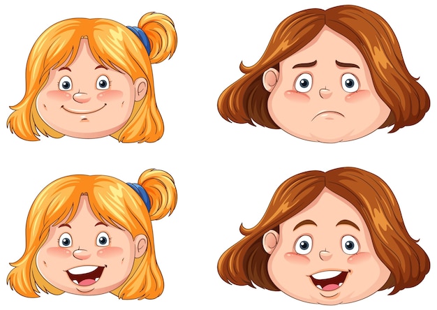 Vector gratuito cabezas de niña con diferentes expresiones faciales