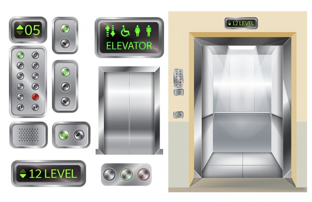 Cabina de ascensor con puertas y panel de botones cromados.