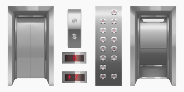 Vector gratuito cabina de ascensor realista con puertas cerradas y abiertas.