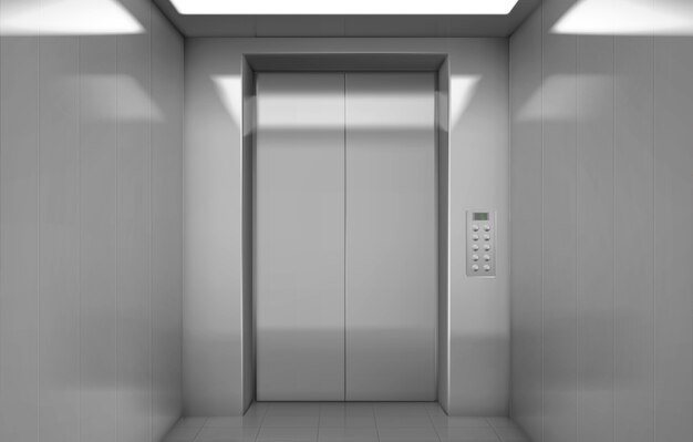 Cabina de ascensor vacía con puertas de acero cerradas.