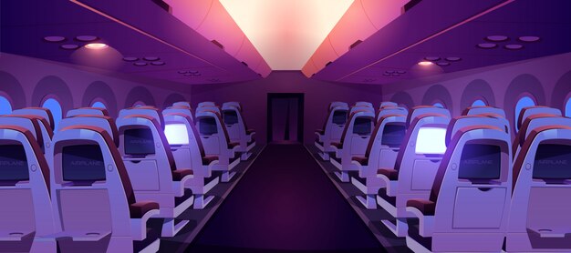Cabina de avión con asientos y pantallas dentro de la vista