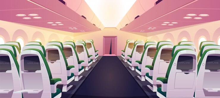 Vector gratuito cabina de avión vacía con sillas, pantallas digitales