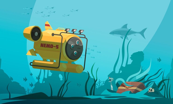 Vector gratuito la cabina de buceo del batiscafo se acerca al cofre del tesoro en el fondo del mar rodeado de peces y algas