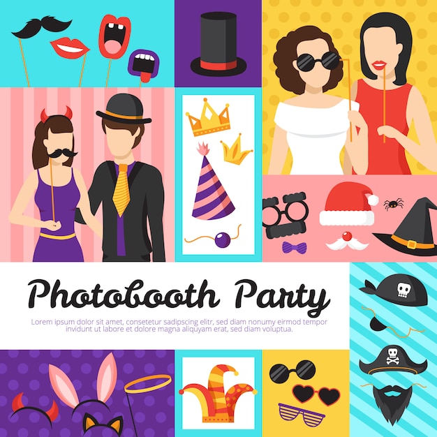 Vector gratuito cabina de fotos concepto de diseño de fiesta con sombreros y gafas.