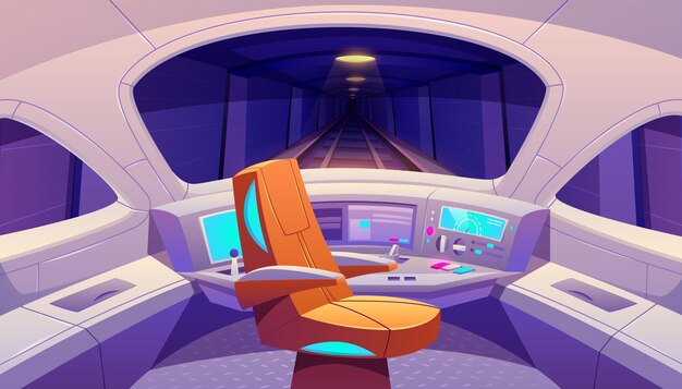 Cabina de tren con panel de control y sillón