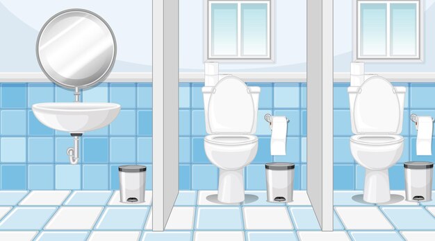 Cabinas de baños públicos con lavabo y espejo.
