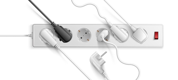 Cable de extensión eléctrico blanco de estándar euro con interruptor de encendido y apagado y enchufes insertados ilustración vectorial realista