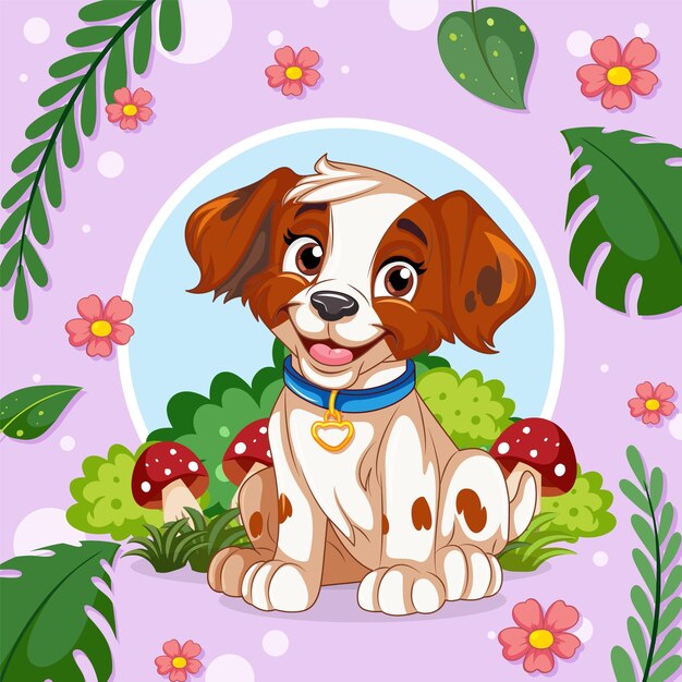 Un cachorro alegre en un país de las maravillas florales