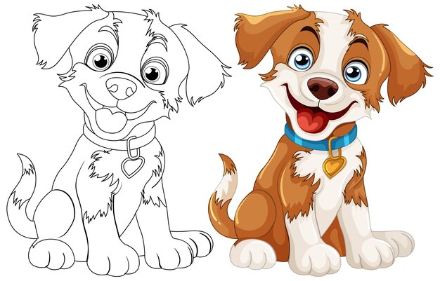 Cachorros alegres antes y después de colorearse