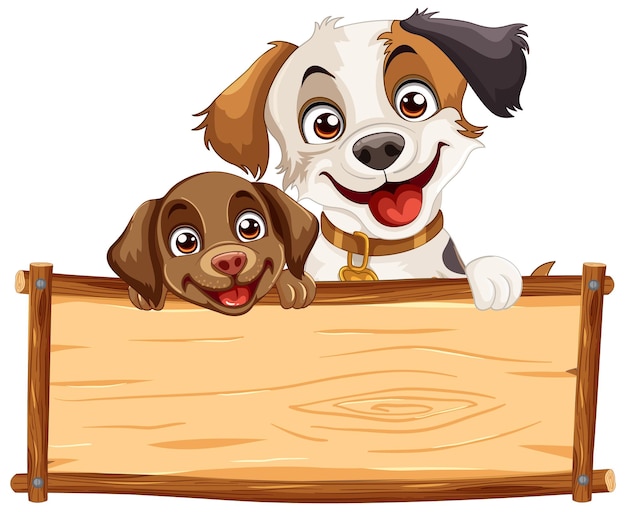 Cachorros alegres con un letrero de madera