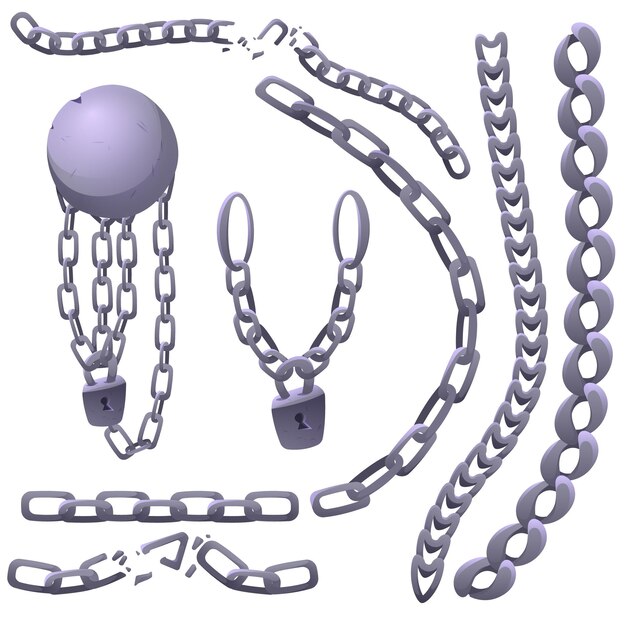 Cadenas de hierro, grilletes con bola pesada y candado.