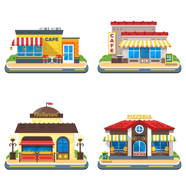 Vector gratuito cafe 2x2 iconos planos establecidos