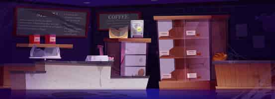 Vector gratuito café abandonado con muebles polvorientos y vidrios rotos ilustración de dibujos animados vectoriales del interior de una cafetería en quiebra ratón de pan rancio en el estante contador sucio telaraña en las paredes tablero de menú dañado