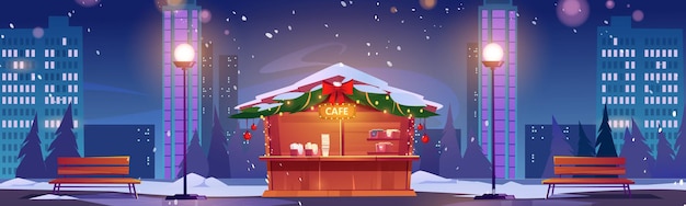Vector gratuito café de la calle con decoración navideña en la noche de invierno