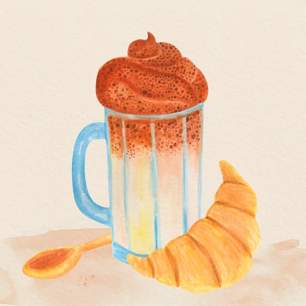 Café dalgona ilustrado con croissant