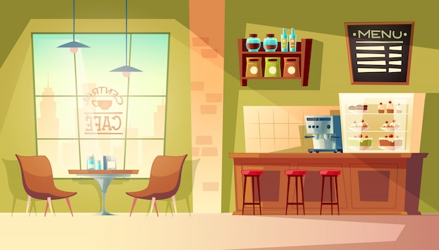 Café de dibujos animados con ventana - interior acogedor con cafetera, mesa.
