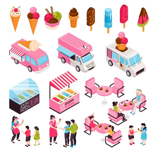 Café helado isométrico con muebles de cafetería de personajes humanos aislados con furgonetas y productos de helado ilustración vectorial
