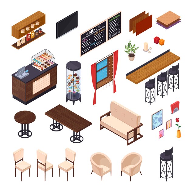 Café interior restaurante pizzería bistro cantina conjunto de elementos isométricos de muebles aislados y tienda mostrar imágenes vector ilustración