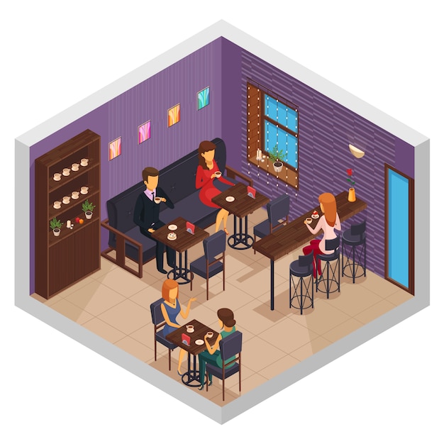 Café interior restaurante pizzería bistro cantina interior composición isométrica con armario y visitantes sentados en mesas ilustración vectorial
