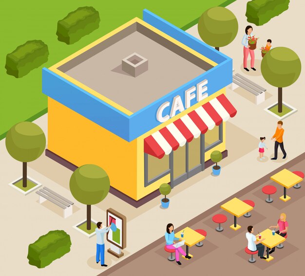 Café isométrico en la ciudad