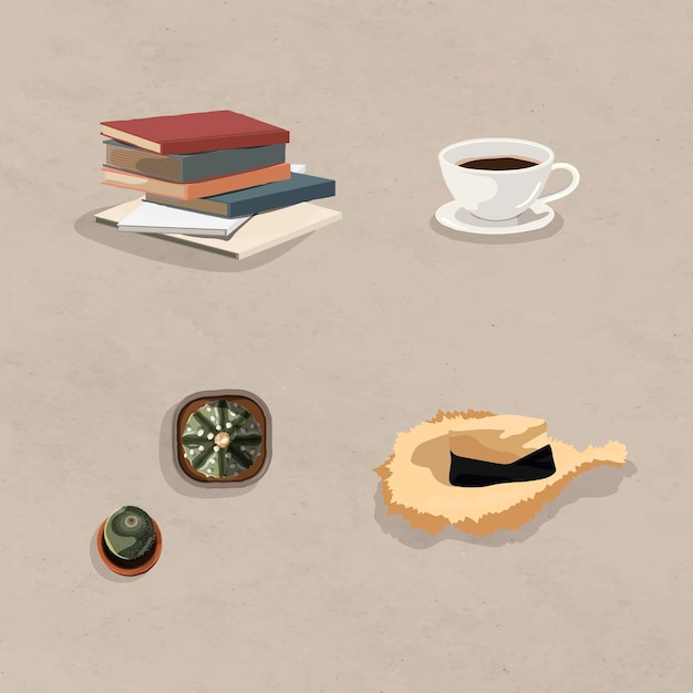 Café y libros verano diseño elemento vector conjunto