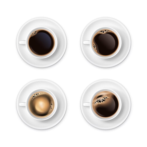 Café negro con espuma en tazas blancas vista superior conjunto realista aislado