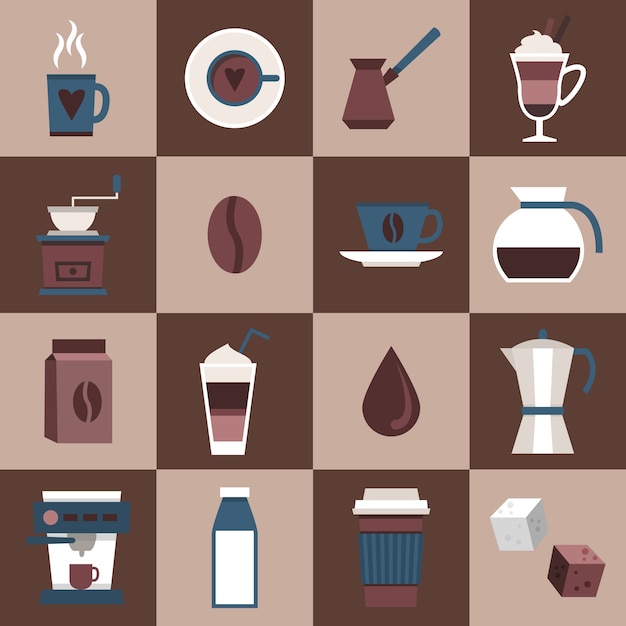 Café plana iconos conjunto con taza de taza caliente dring pote bolsa de turco jarra ilustración vectorial aislado