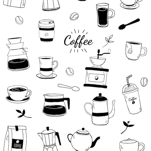 Cafetería y café con dibujos vectoriales de fondo