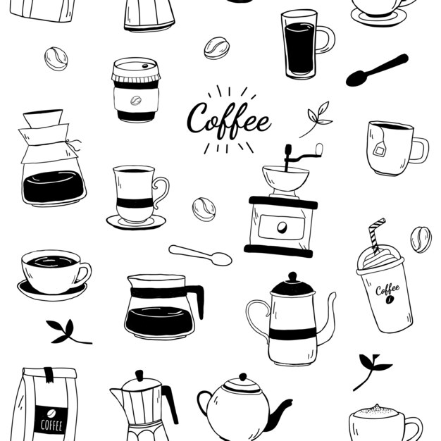 Cafetería y café con dibujos vectoriales de fondo