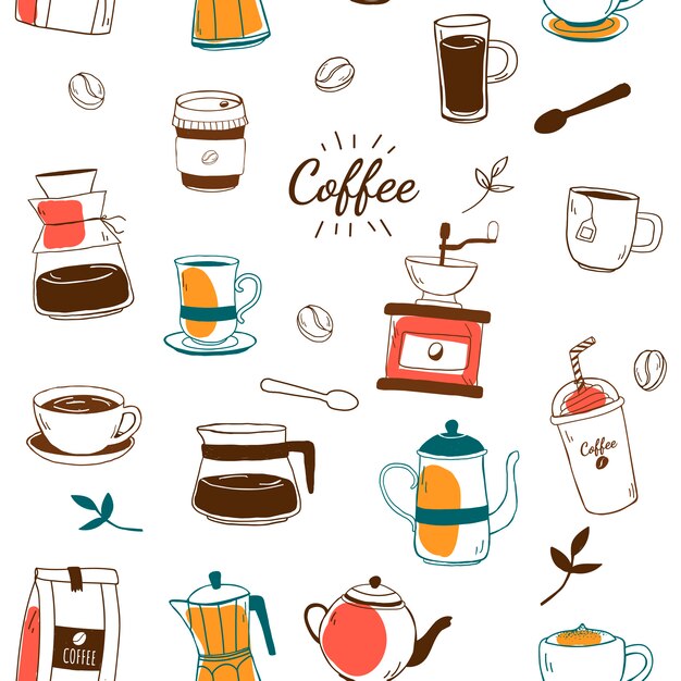 Cafetería y café con dibujos vectoriales de fondo