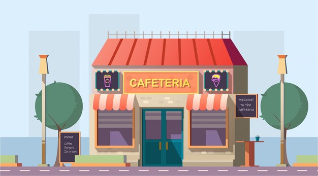 Cafetería en la carretera o edificio de cafetería con menú