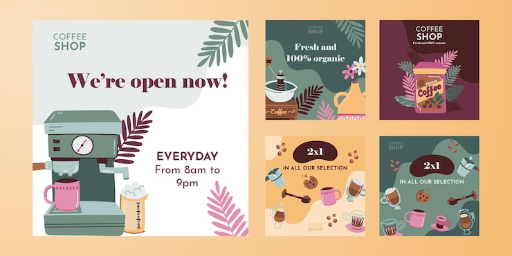 Vector gratuito cafetería colorida dibujada a mano abriendo colección de publicaciones de instagram